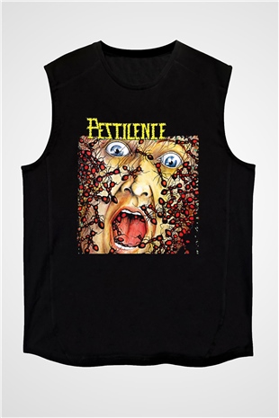 Pestilence Baskılı Unisex Siyah Kolsuz Tişört - Tshirt