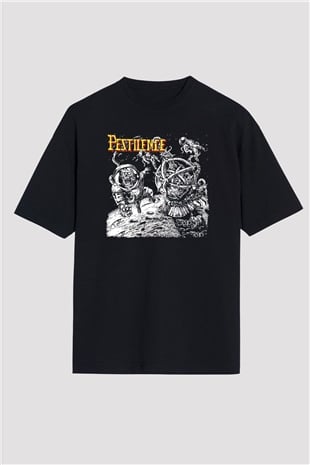 Pestilence Baskılı Unisex Siyah Oversize Tişört - Tshirt