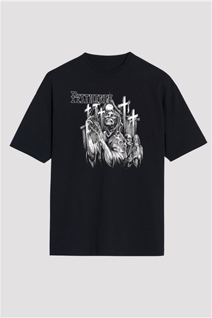 Pestilence Baskılı Unisex Siyah Oversize Tişört - Tshirt