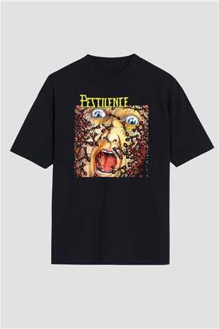 Pestilence Baskılı Unisex Siyah Oversize Tişört - Tshirt