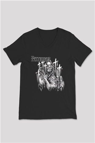 Pestilence Baskılı Unisex Siyah V Yaka Tişört - Tshirt