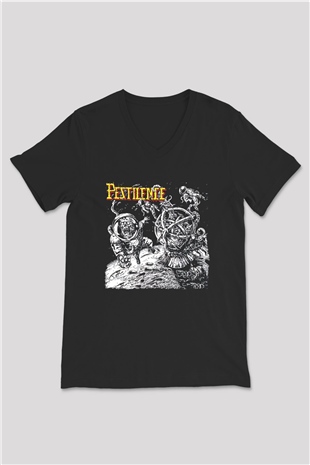 Pestilence Baskılı Unisex Siyah V Yaka Tişört - Tshirt