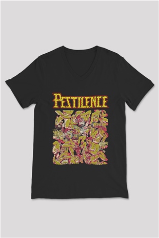 Pestilence Baskılı Unisex Siyah V Yaka Tişört - Tshirt