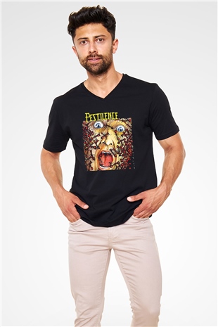 Pestilence Baskılı Unisex Siyah V Yaka Tişört - Tshirt