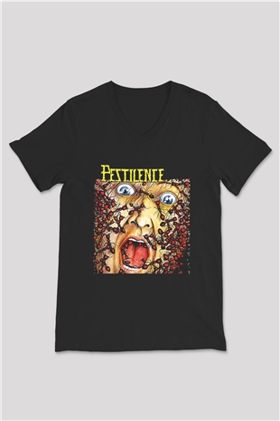 Pestilence Baskılı Unisex Siyah V Yaka Tişört - Tshirt