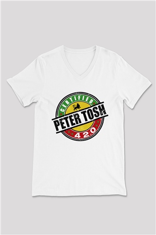 Peter Tosh Beyaz Unisex V Yaka Tişört T-Shirt