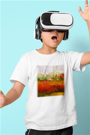 Peyzaj Baskılı Beyaz Unisex Çocuk Tişört