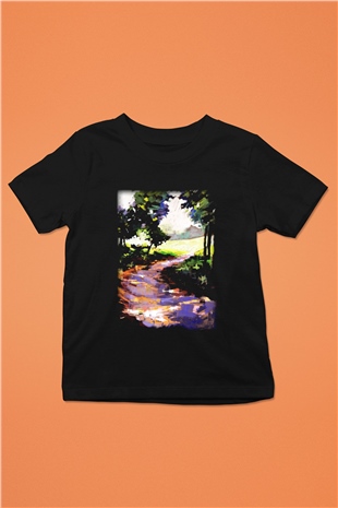 Peyzaj Baskılı Siyah Unisex Çocuk Tişört