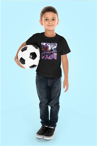 Peyzaj Baskılı Siyah Unisex Çocuk Tişört