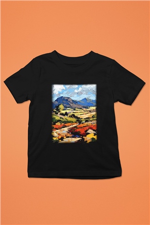 Peyzaj Baskılı Siyah Unisex Çocuk Tişört