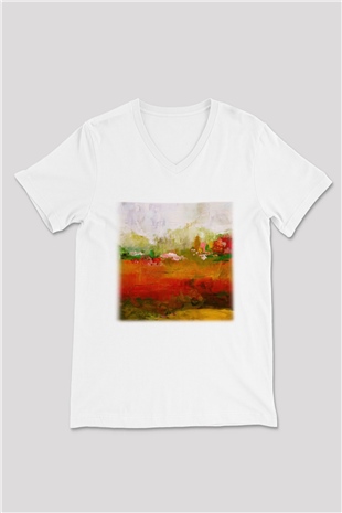 Peyzaj Beyaz Unisex V Yaka Tişört T-Shirt