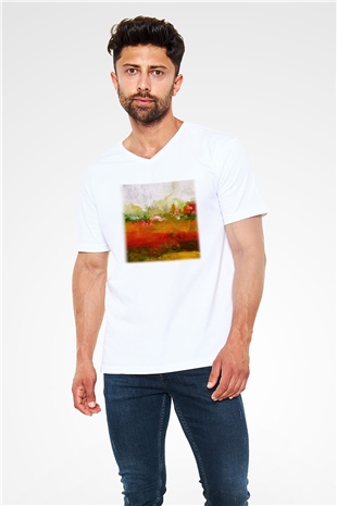 Peyzaj Beyaz Unisex V Yaka Tişört T-Shirt