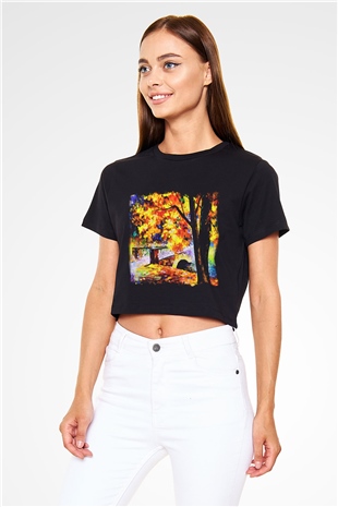 Peyzaj Siyah Crop Top Tişört