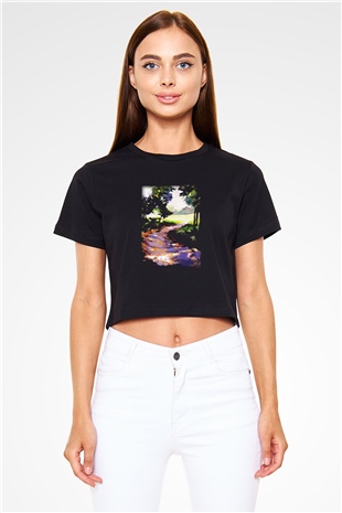 Peyzaj Siyah Crop Top Tişört
