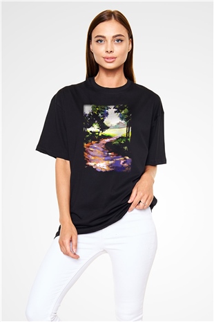 Peyzaj Siyah Unisex Oversize Tişört T-Shirt