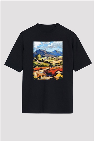 Peyzaj Siyah Unisex Oversize Tişört T-Shirt