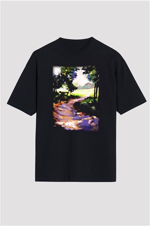Peyzaj Siyah Unisex Oversize Tişört T-Shirt