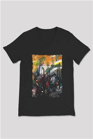 Peyzaj Siyah Unisex V Yaka Tişört