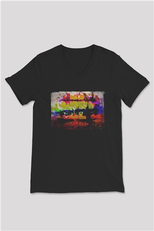 Peyzaj Siyah Unisex V Yaka Tişört