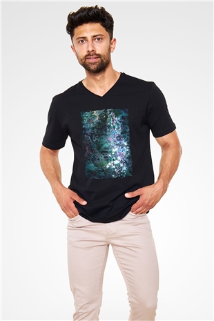Peyzaj Siyah Unisex V Yaka Tişört