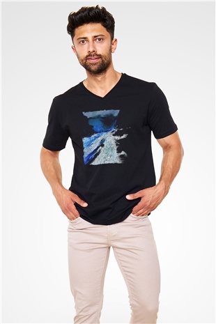 Peyzaj Siyah Unisex V Yaka Tişört