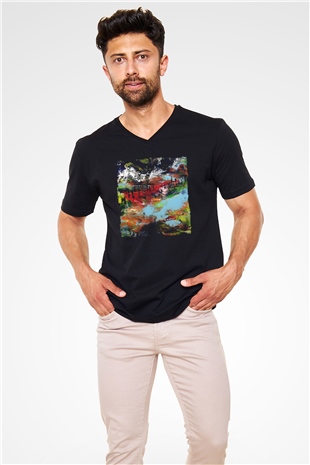 Peyzaj Siyah Unisex V Yaka Tişört