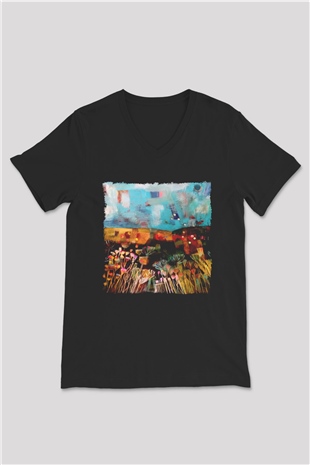 Peyzaj Siyah Unisex V Yaka Tişört