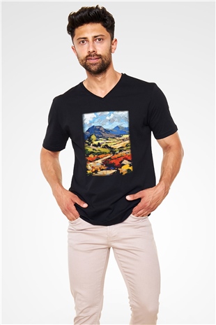 Peyzaj Siyah Unisex V Yaka Tişört T-Shirt