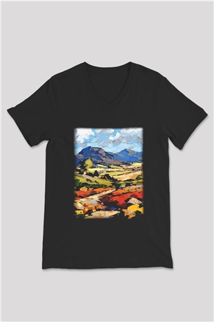 Peyzaj Siyah Unisex V Yaka Tişört T-Shirt