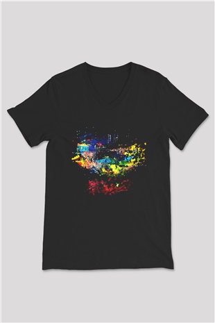 Peyzaj Siyah Unisex V Yaka Tişört T-Shirt