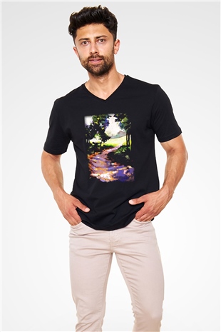 Peyzaj Siyah Unisex V Yaka Tişört T-Shirt