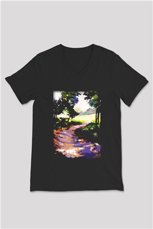 Peyzaj Siyah Unisex V Yaka Tişört T-Shirt