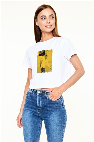 Pharrell Williams Baskılı Beyaz Kadın Crop Top Tişört