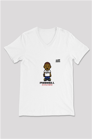 Pharrell Williams Baskılı Beyaz V Yaka Unisex Tişört