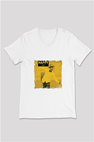 Pharrell Williams Baskılı Beyaz V Yaka Unisex Tişört