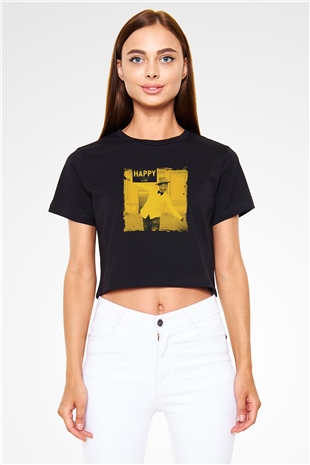 Pharrell Williams Baskılı Crop Top Siyah Kadın Tişört