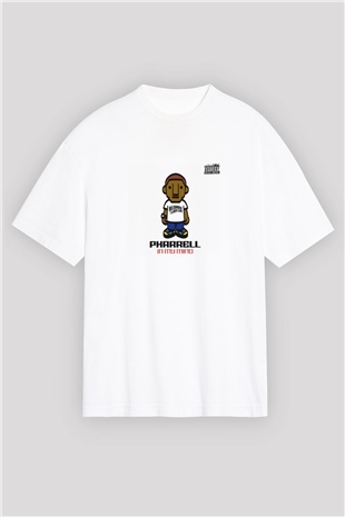 Pharrell Williams Baskılı Oversize Beyaz Tişört
