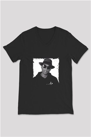 Pharrell Williams Baskılı Unisex Siyah V Yaka Tişört