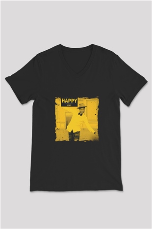Pharrell Williams Baskılı Unisex Siyah V Yaka Tişört