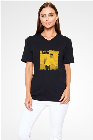 Pharrell Williams Baskılı Unisex Siyah V Yaka Tişört