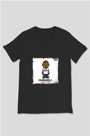 Pharrell Williams Baskılı Unisex Siyah V Yaka Tişört