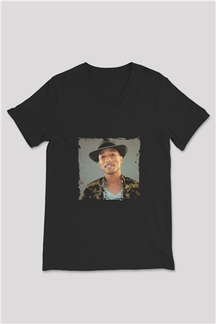 Pharrell Williams Baskılı Unisex Siyah V Yaka Tişört
