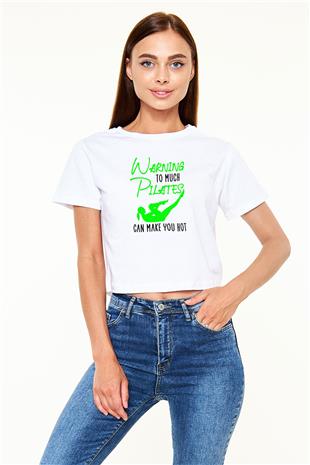 Pilates Baskılı Crop Top Beyaz Tişört - T-shirt