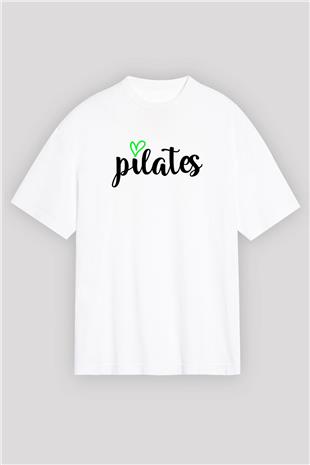 Pilates Baskılı Unisex Beyaz Oversize Tişört - Tshirt