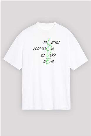 Pilates Baskılı Unisex Beyaz Oversize Tişört - Tshirt