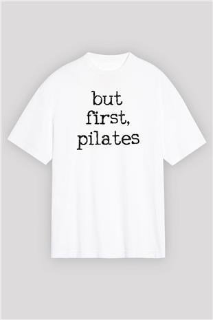Pilates Baskılı Unisex Beyaz Oversize Tişört - Tshirt
