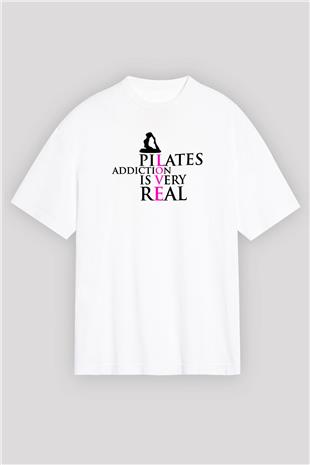 Pilates Baskılı Unisex Beyaz Oversize Tişört - Tshirt