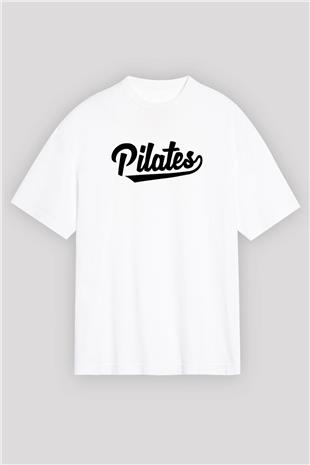 Pilates Baskılı Unisex Beyaz Oversize Tişört - Tshirt