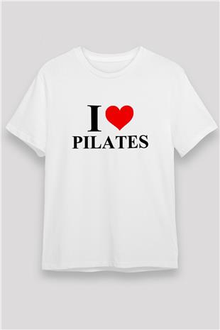 Pilates Baskılı Unisex Beyaz Tişört - Tshirt