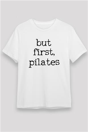 Pilates Baskılı Unisex Beyaz Tişört - Tshirt
